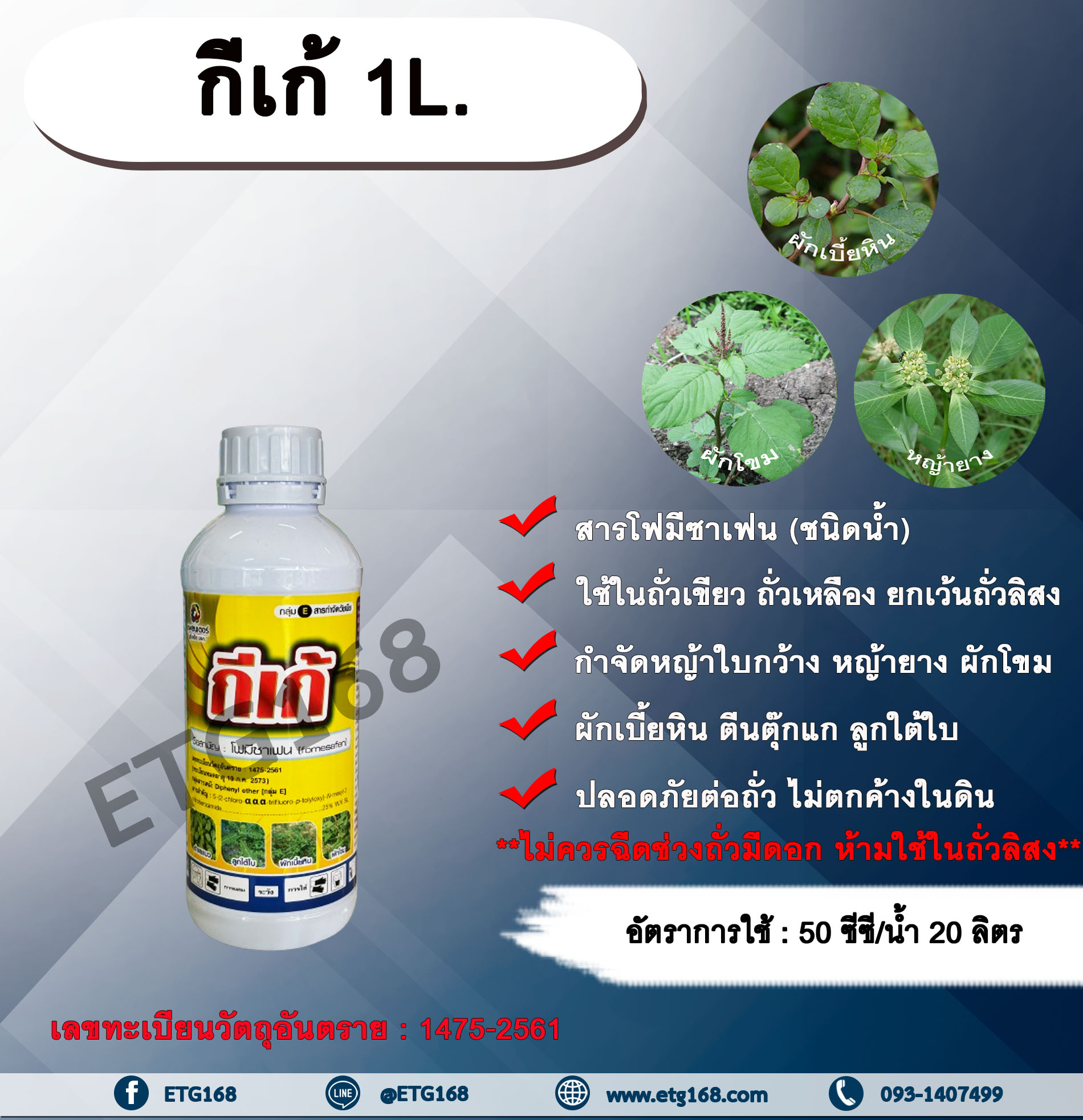 กีเก้ 1L. โฟมีซาเฟน สารกำจัดหญ้า ใบกว้าง ในถั่วเขียวผิวมัน ถั่วเขียวผิวดำ ถั่วเหลือง สารกำจัดวัชพืช