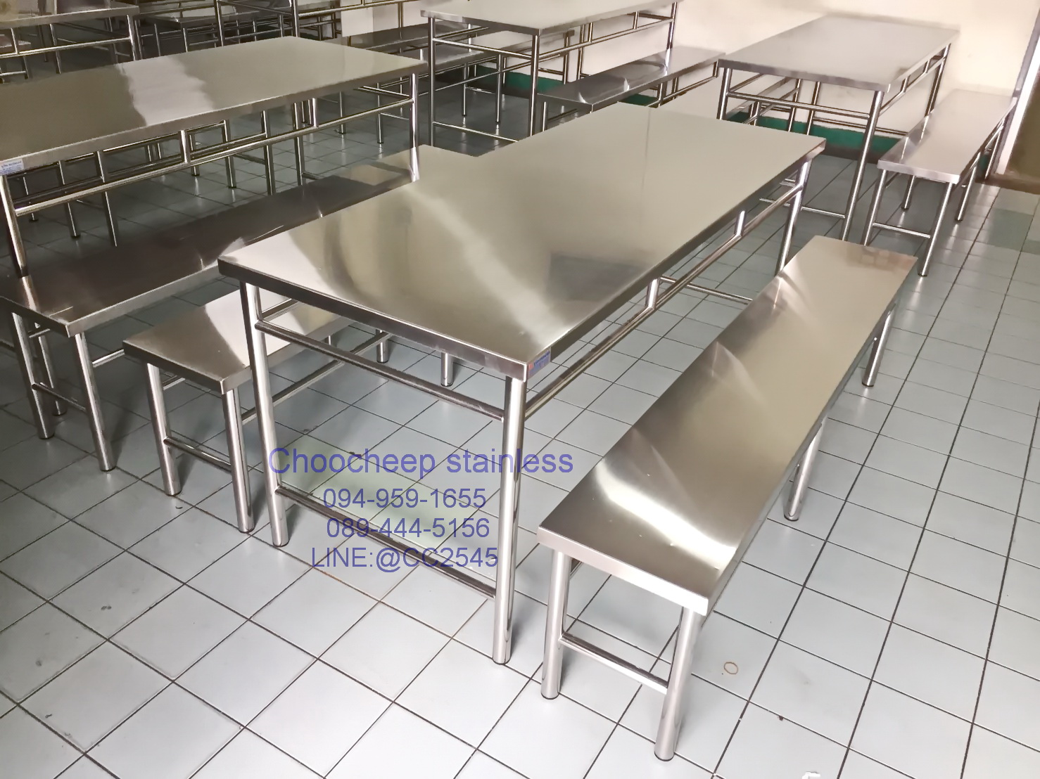 ชุดโต๊ะเก้าอี้สเตนเลสโรงอาหาร-คานบน 180 ซม.