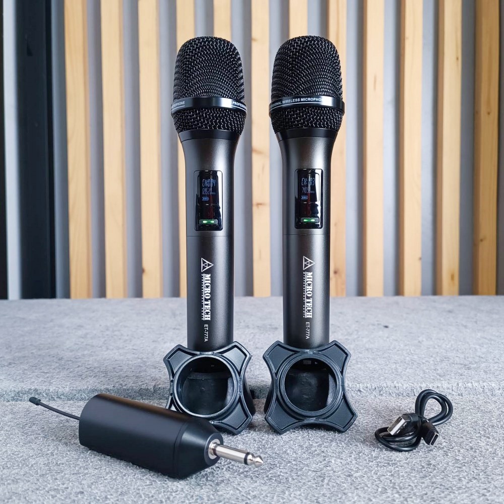 สีดำ MICROTECH ET-777A ไมค์ลอย ถือคู่ UHF เครื่องรับเล็ก ET 777A ET777A ไมค์ลอยมือถือคู่UHF ไมโครโฟนแบบไร้สาย เอไอ-ไพศาล