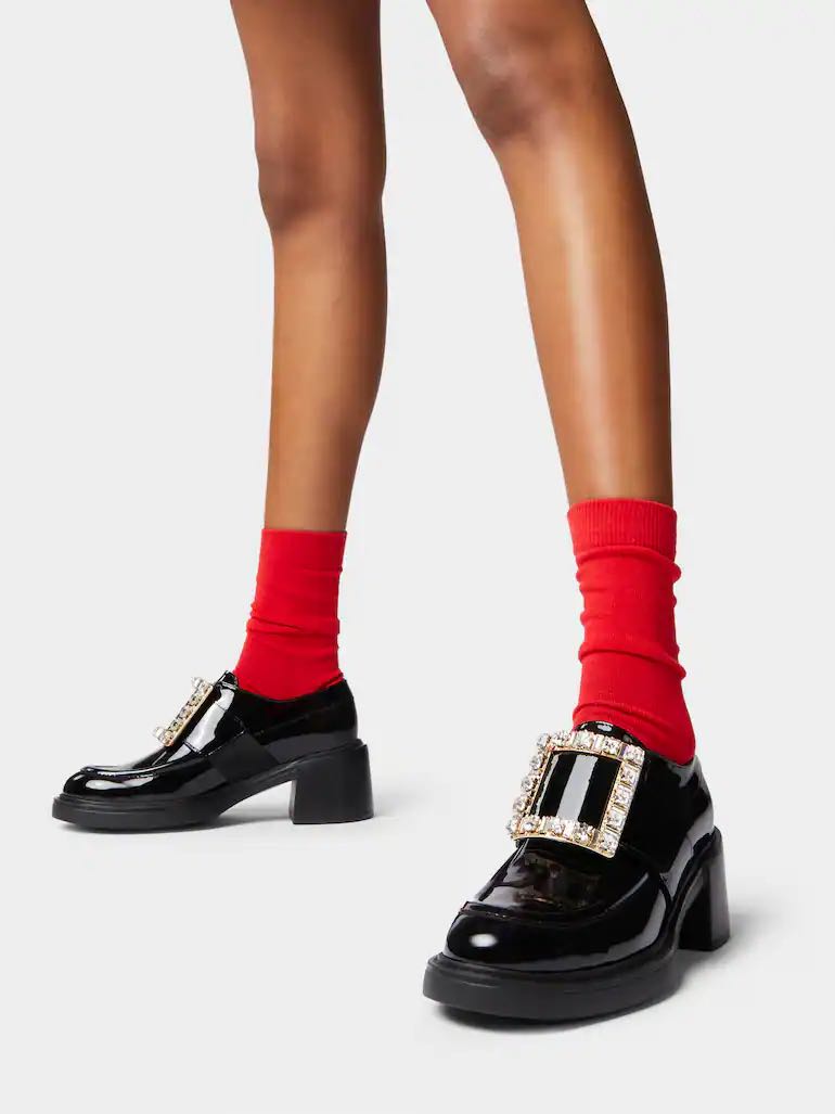 **do** รองเท้าหนังแท้ Roger vivier Rangers Rhinestone Buckle Loafers in Patent Leather ส้นสูง 6 cm สินค้าใหม่ ของแท้
