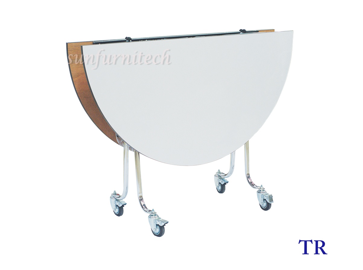 โต๊ะกลมอเนกประสงค์พับครึ่ง มีล้อเลื่อน มีขนาดเส้นผ่านศูนย์กลางขนาด 120, 150, 180, 210 และ 240 ซม. TK รุ่น TR-48, TR-60, TR-72, TR-84, TR-96