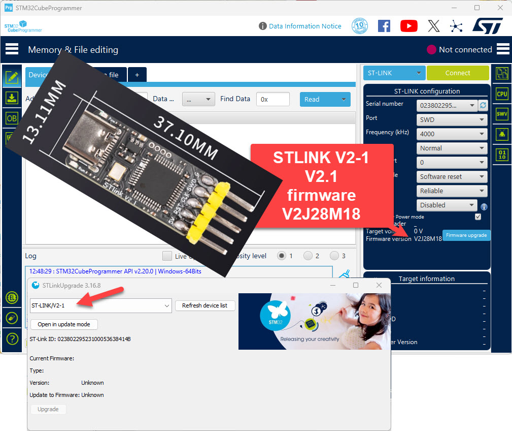 Mini STLink-STM32 V2-1 V2.1, SWD Debug and Programming of ARM STM32 ,STM8 ST-link