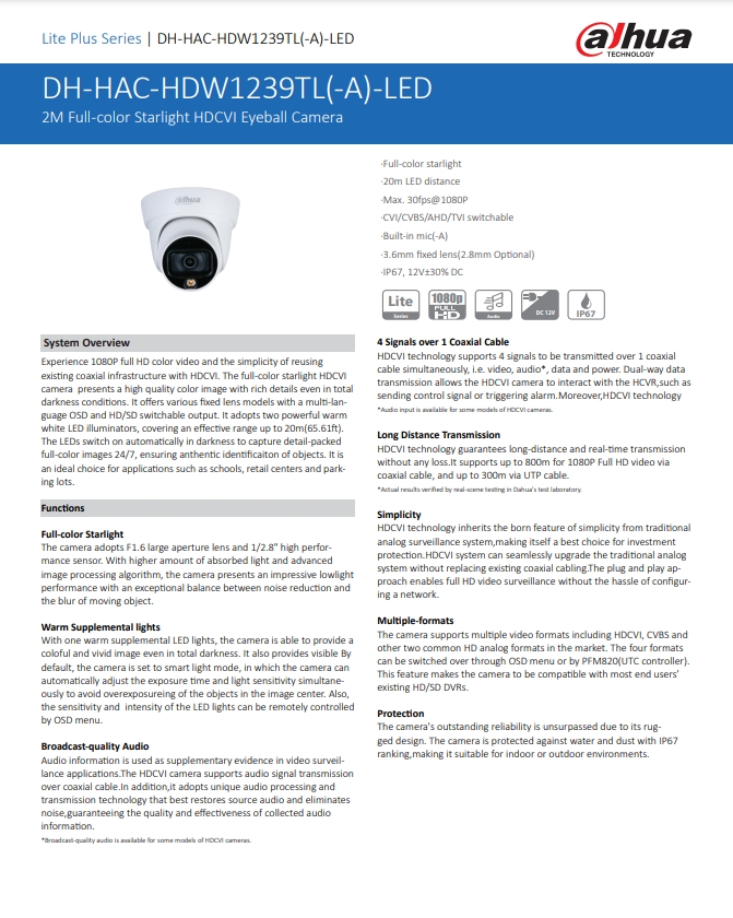 กล้องวงจรปิด Dahua 2MP Full-color Starlight HDCVI Eyeball Camera รุ่น DH-HAC-HDW1239TL(-A)-LED (2.8mm)