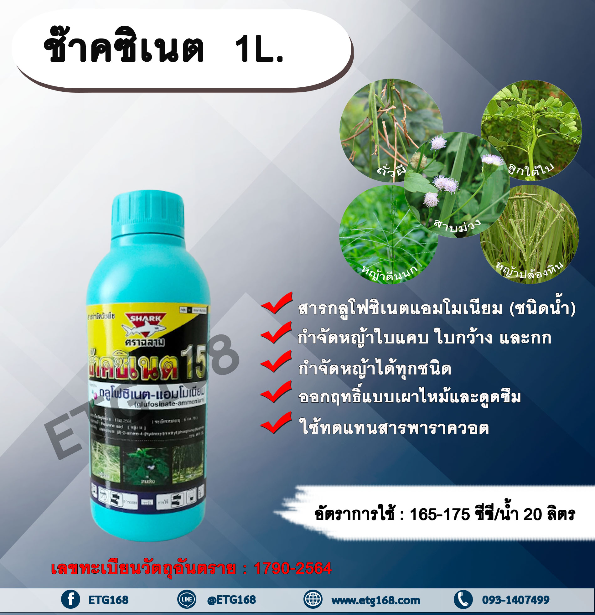 ช๊าคซิเนต 1L. กลูโฟซิเนตแอมโมเนียม สารกำจัดวัชพืช กำจัดหญ้าใบแคบ ใบกว้าง กก หญ้าทุกชนิด ออกฤทธิ์แบบเผาไหม้และดูดซึม