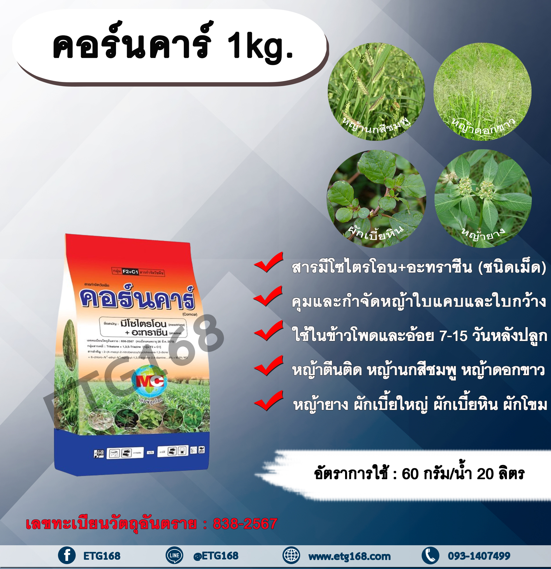 คอร์นคาร์ 1kg. มีโซไตรโอน + อะทราซีน สารคุมวัชพืช สารกำจัดวัชพืช ใบแคบ ใบกว้างหญ้าตีนติด หญ้าตีนกา หญ้านกสีชมพู หญ้าดอกขาว หญ้ายาง ผักเบี้ยใหญ่ ผักเบี้ยหิน ผักโขม