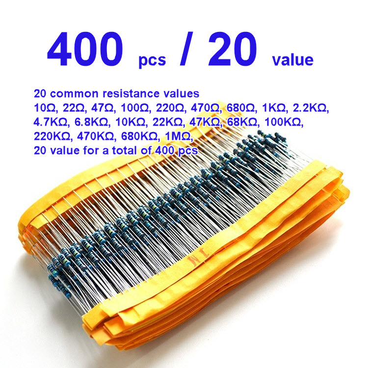 400 ชิ้น 20 ค่า R400 ตัวต้านทาน 1/4W (1%) Metal Film Resistor