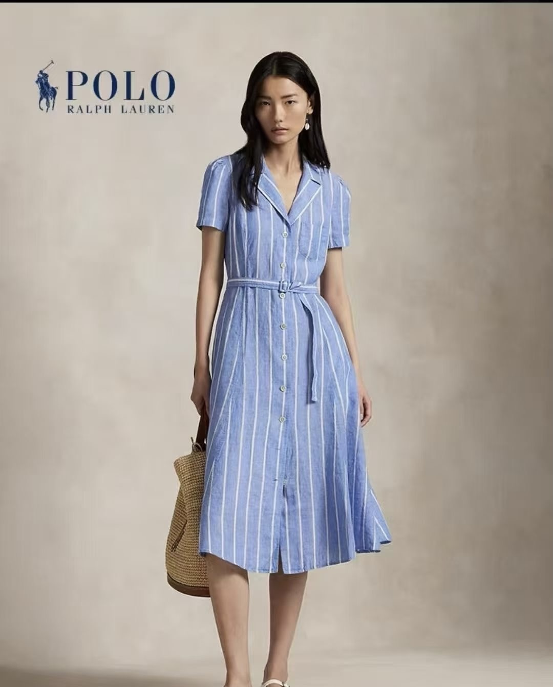 **do** ชุดเดรสผ้าลินิน POLO RALPH LAUREN คอปกมีผ้าคาดเอว กระโปรงทรงเอ สินค้าใหม่ ของแท้