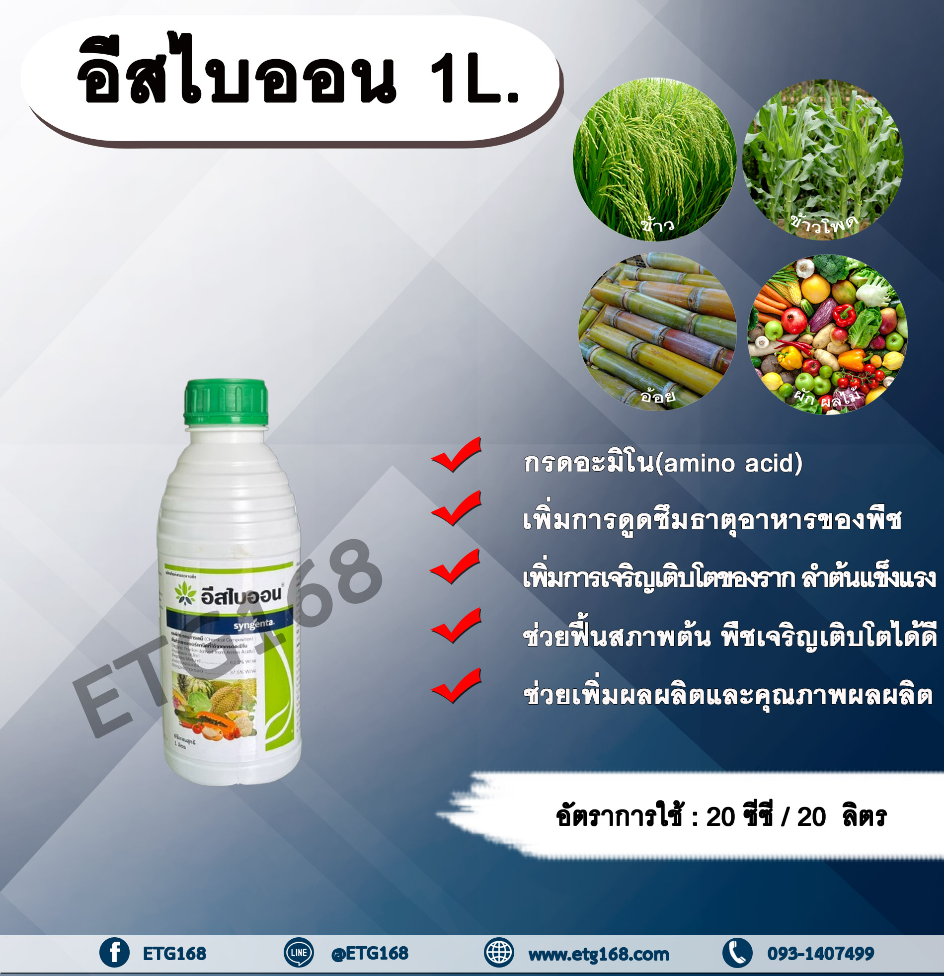อีสไบออน 1L. กรดอะมิโน เพิ่มการดูดซึมธาตุอาหาร บำรุงราก ลำต้นแข็งแรง ฟื้นสภาพต้น พืชเจริญเติบโต ปรับสภาพอากาศ ลดความเครียดของพืช เพิ่มผลผลิต เพิ่มคุณภาพผลผลิต