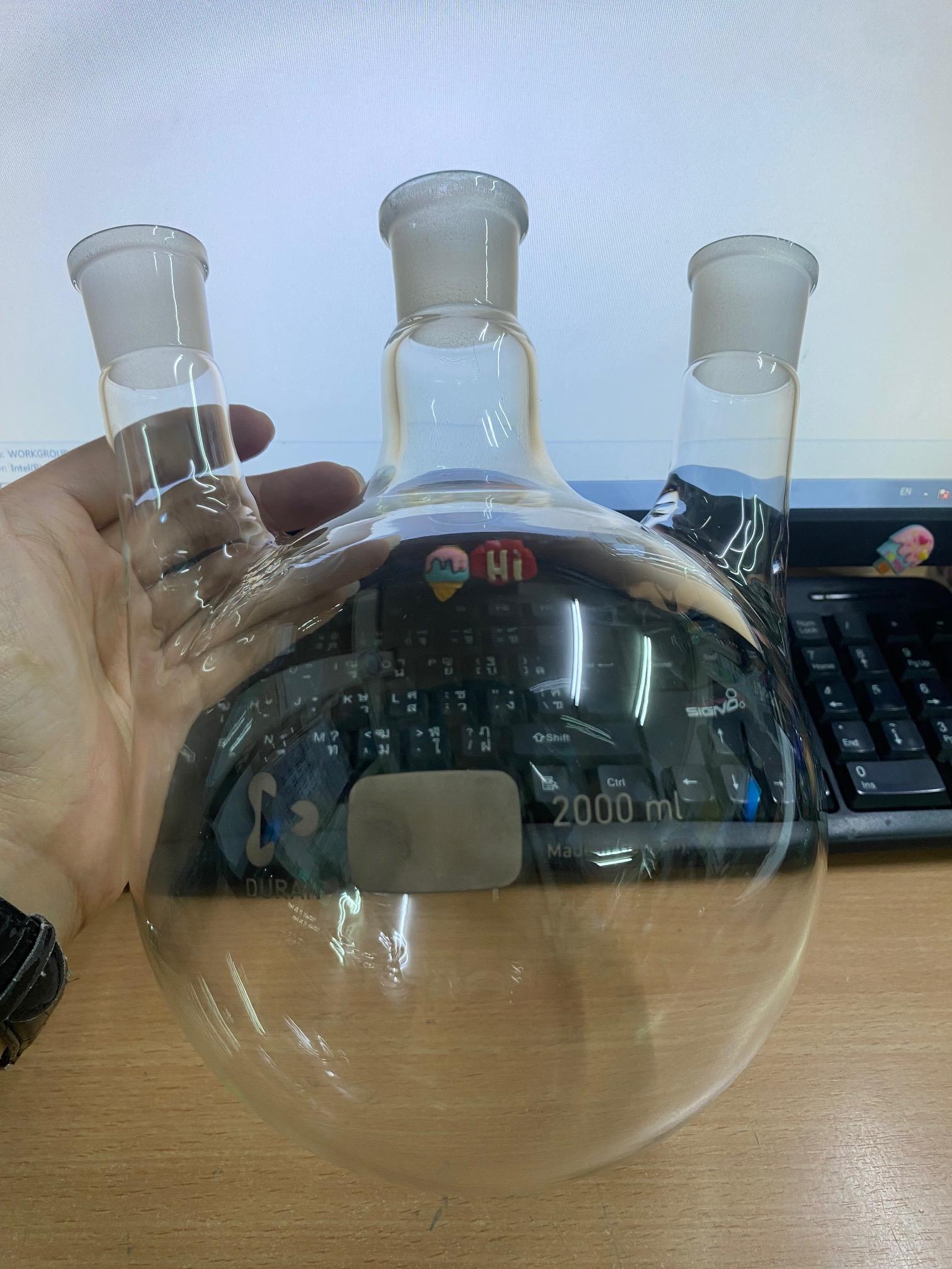 Flask, Boiling Round Bottom with Joint 3 necks (ฟลาสต์ก้นกลม) ก้นแบน/ก้นกลม ขวด 3 คอ