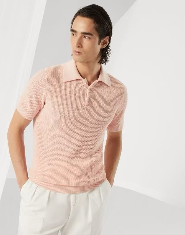 **do** เสื้อคอปก brunello cucinelli Linen and cotton half English rib knit polo สินค้าใหม่ ของแท้