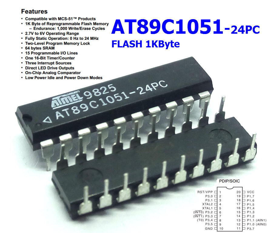 AT89C1051-24PC (DIP20) 8-bit Microcontroller with 1KB Flash SRAM 64 byte