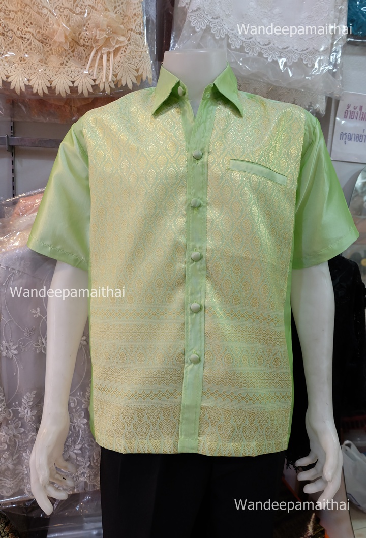 เสื้อผ้าไหมชาย (ไหมเกษตร) สีเขียว กระเป๋า3ใบ ไซด์ L
