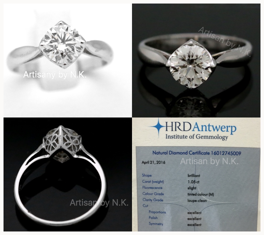 แหวนเพชร 18K white gold ฝังเพชรเม็ดเดี่ยวขนาด 1.05 กะรัต ราคาพิเศษ พร้อมใบเซอร์ HRD: Loupe clean, 3 EXCELLENT