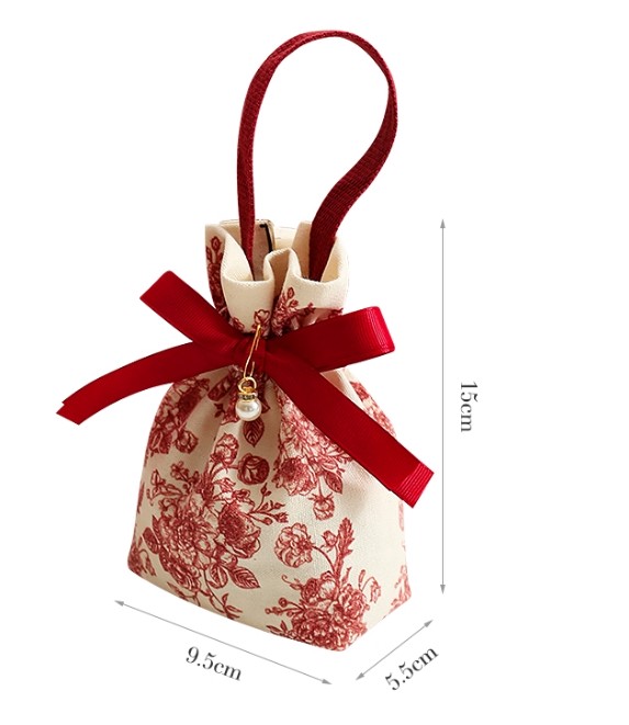 ถุงผ้าใส่ของขวัญ ของชำร่วย งานแต่งงาน ลายดอกไม้ สีแดง และ เหลืองทอง ตกแต่งด้วย ไข่มุกสวยหรู 304984