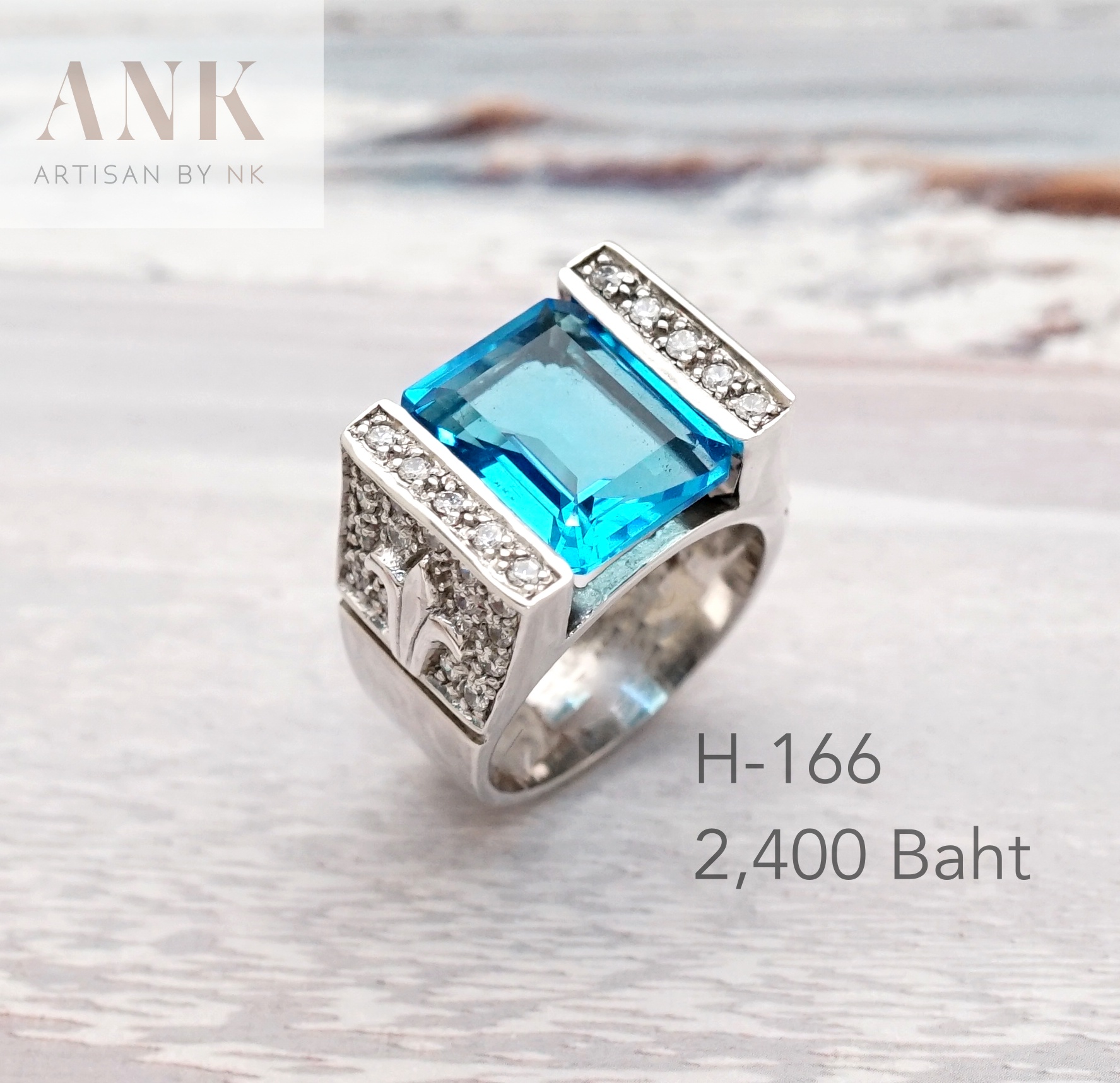 Blue Topaz CZ Ring แหวนเงินแท้ สไตล์วินเทจ ฝังด้วย เพชร CZ สี Swiss Blue Topaz