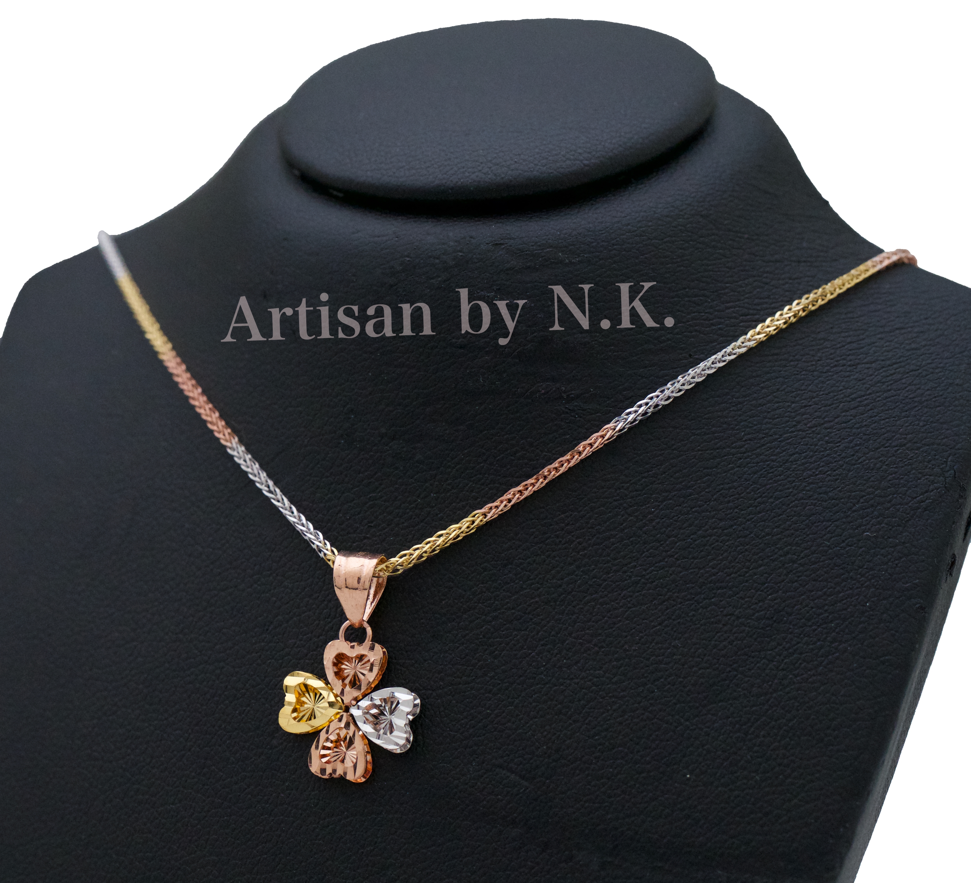 จี้ทอง 3 กษัตริย์ ลายดอกโครเวอร์ (Tri-color gold Clover leaf Pendant (Gold, White Gold & Rose Gold)