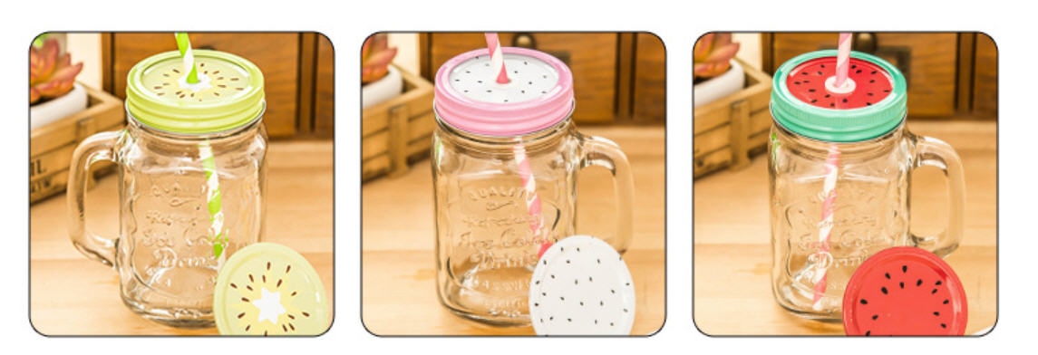 โหลแก้ว มีหูจับ มีหลอด ขวดแก้ว มีหูจับ เมสันจาร์ Mason Jar ฝารูปผลไม้ ฝารูปผลไม้