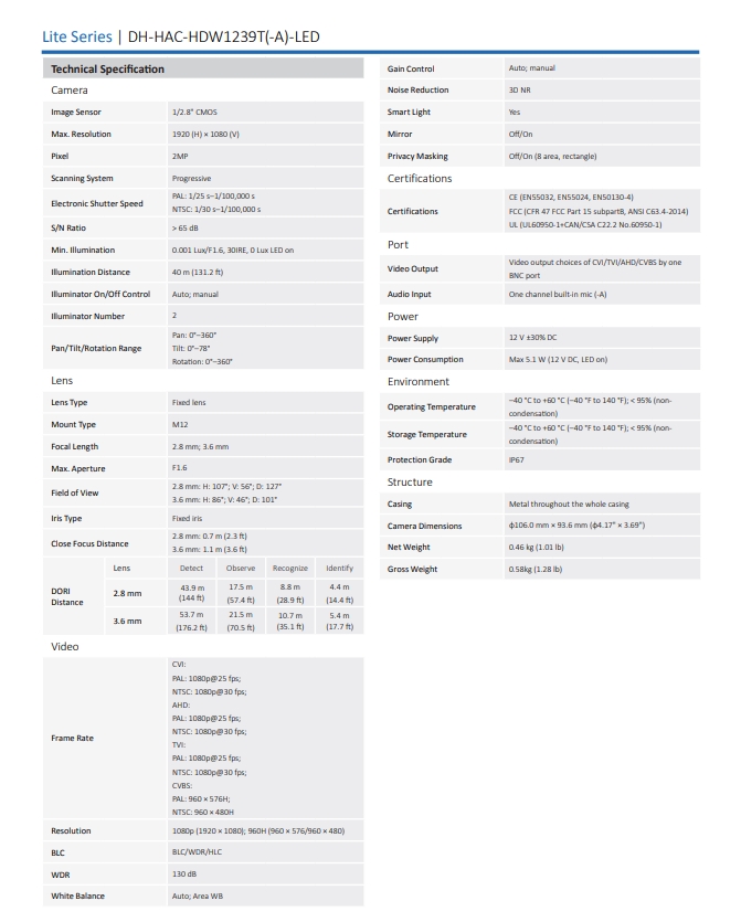 กล้องวงจรปิด Dahua 2MP Full-color HDCVI Eyeball Camera รุ่น DH-HAC-HDW1239T(-A)-LED (3.6mm)