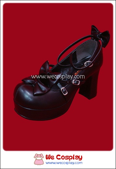 รองเท้าโกธิคโลลิต้าพังค์ คิวท์ปาร์ตี้ริบบ้อนฮีล สีดำ ผิวด้าน