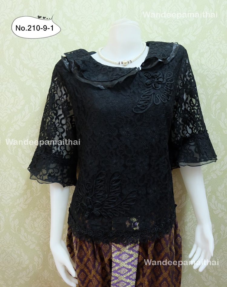 เสื้อลูกไม้ สีดำ แขน3ส่วนแต่งผ้าแก้ว เบอร์ XXL อกเสื้อวัดเต็ม 41 นิ้ว