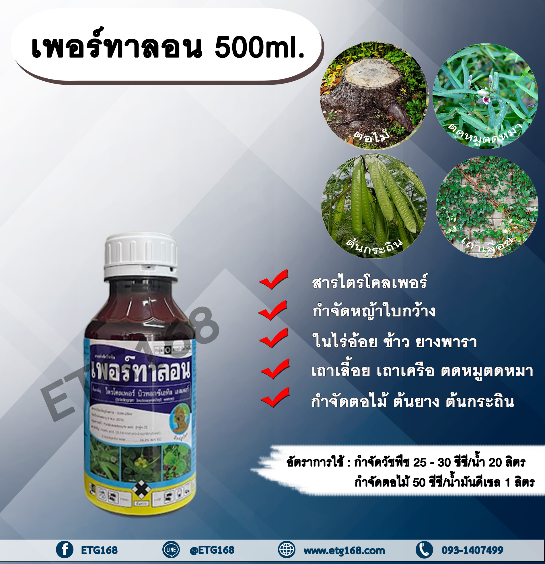 เพอร์ทาลอน 500ml. สารกำจัดวัชพืช สารกำจัดหญ้า หญ้าใบกว้าง เถาเลื้อย เถาเครือ ตดหมูตดหมา กำจัดตอไม้ ต้นไม้ ต้นยาง ต้นกระถิน ทาตอไม้ ทาต้นไม้ ดูดซึม