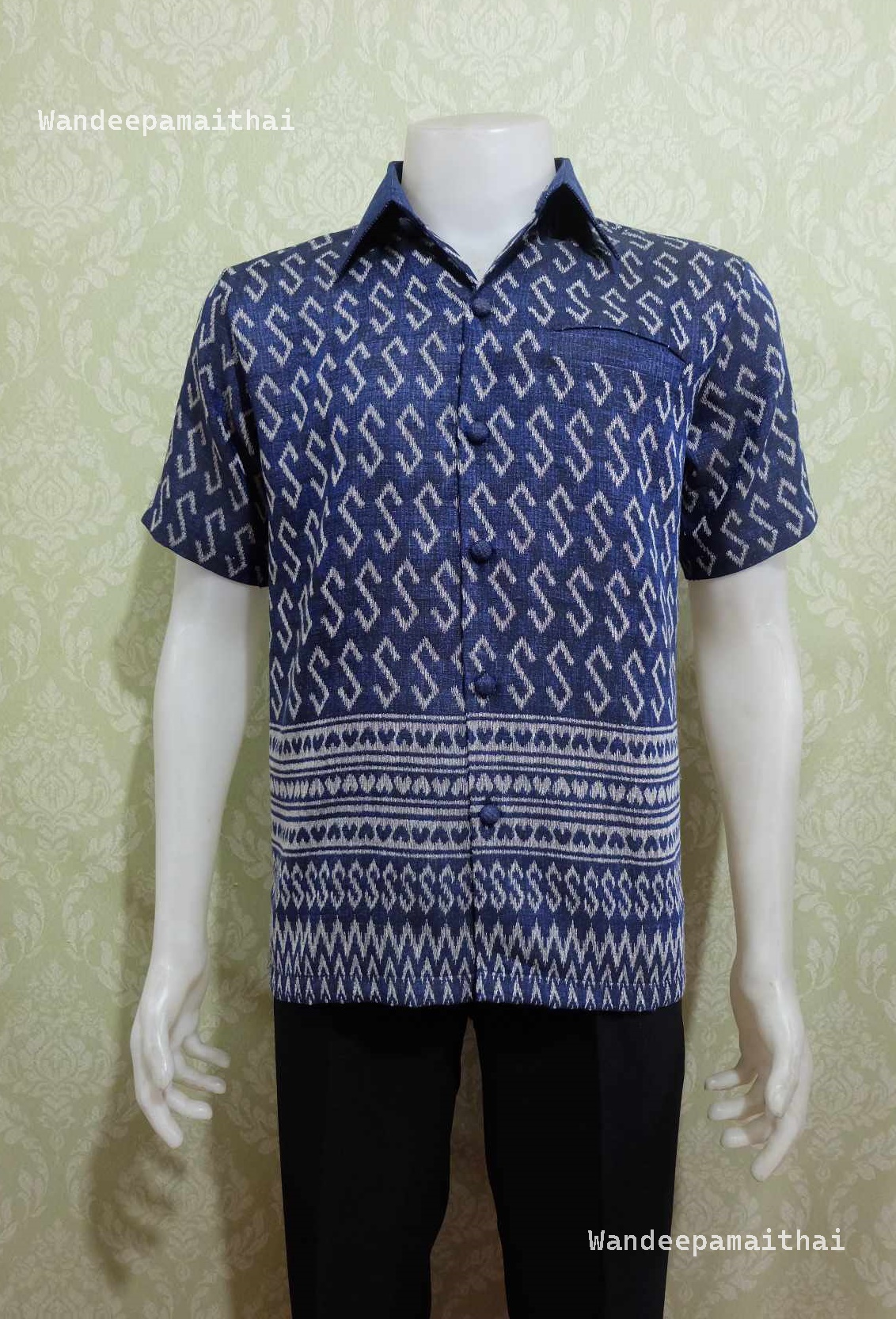 เสื้อลายขอผู้ชาย ผ้าฝ้ายทอลายเนื้อดี สีกรม 3XL อกเสื้อ48 นิ้ว