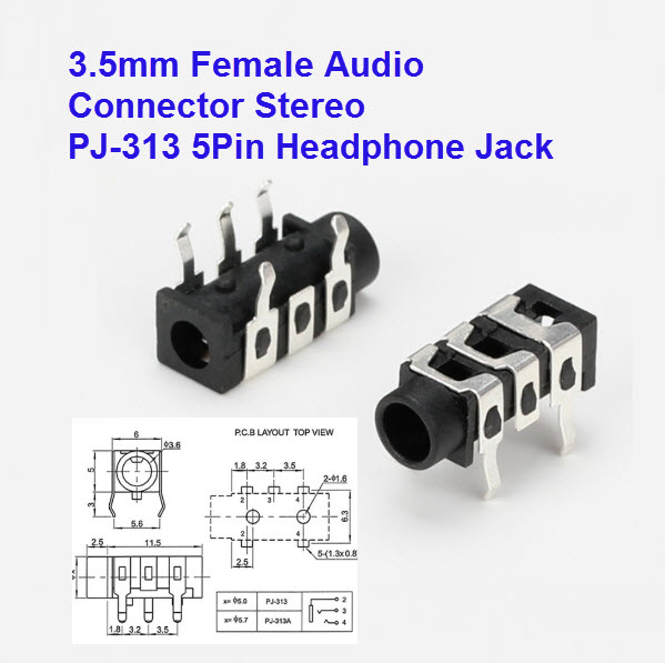 3.5mm Female Audio Connector Stereo PJ-313 5Pin Headphone Jack