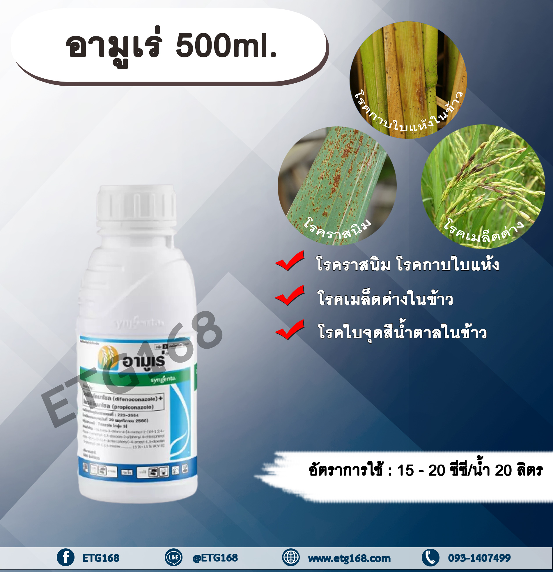 อามูเร่ 500ml. ไดฟีโนโคนาโซล+โพรพิโคนาโซล สารกำจัดเชื้อรา โรคเมล็ดด่าง โรคราสนิม โรคใบจุดสีน้ำตาล โรคกาบใบแห้ง ซินเจนท