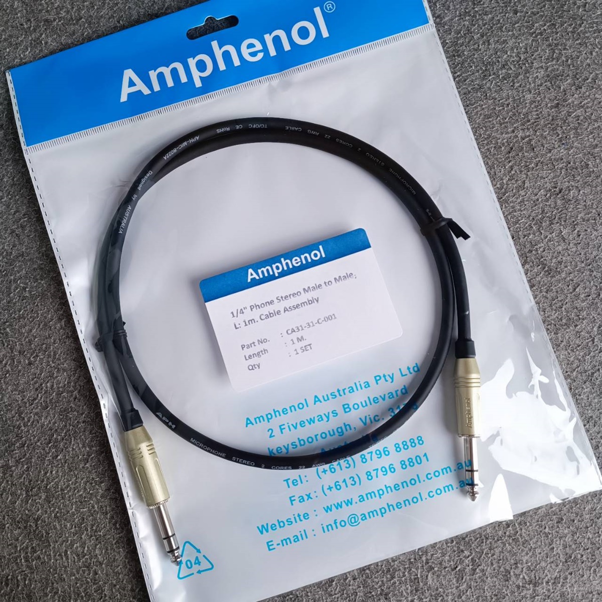 ยาว1เมตร AMPHENOL สาย PHONE STEREO หัวท้าย 1เมตร CA31-31-C-001 สายTRSหัวท้าย สายแจ็คไมค์สเตอริโอ สายสัญญาณสำเร็จรูป เอไอ-ไพศาล