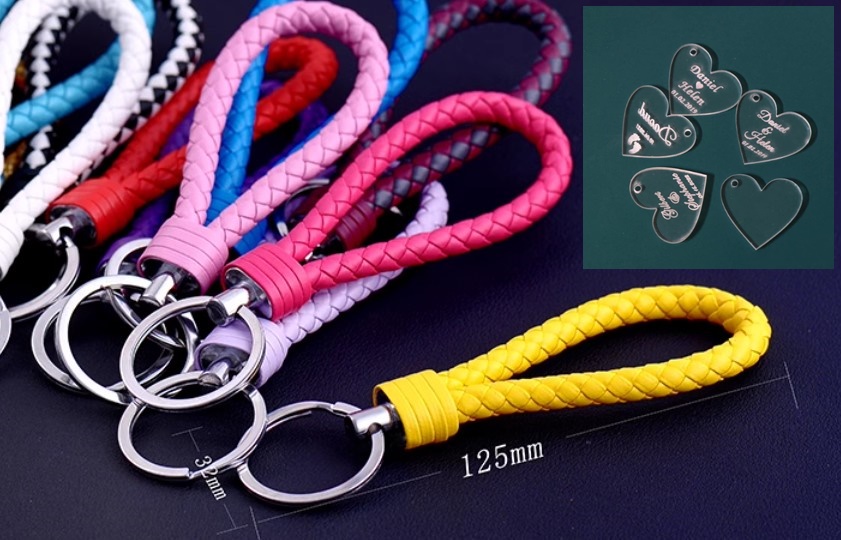 พวงกุญแจ สายหนังถัก ห้อยป้าย ชื่อ บ่าวสาว หัวใจ สีใส สีทอง logo ฟรี ของชำร่วยงานแต่งงานแบบพิเศษ 724523