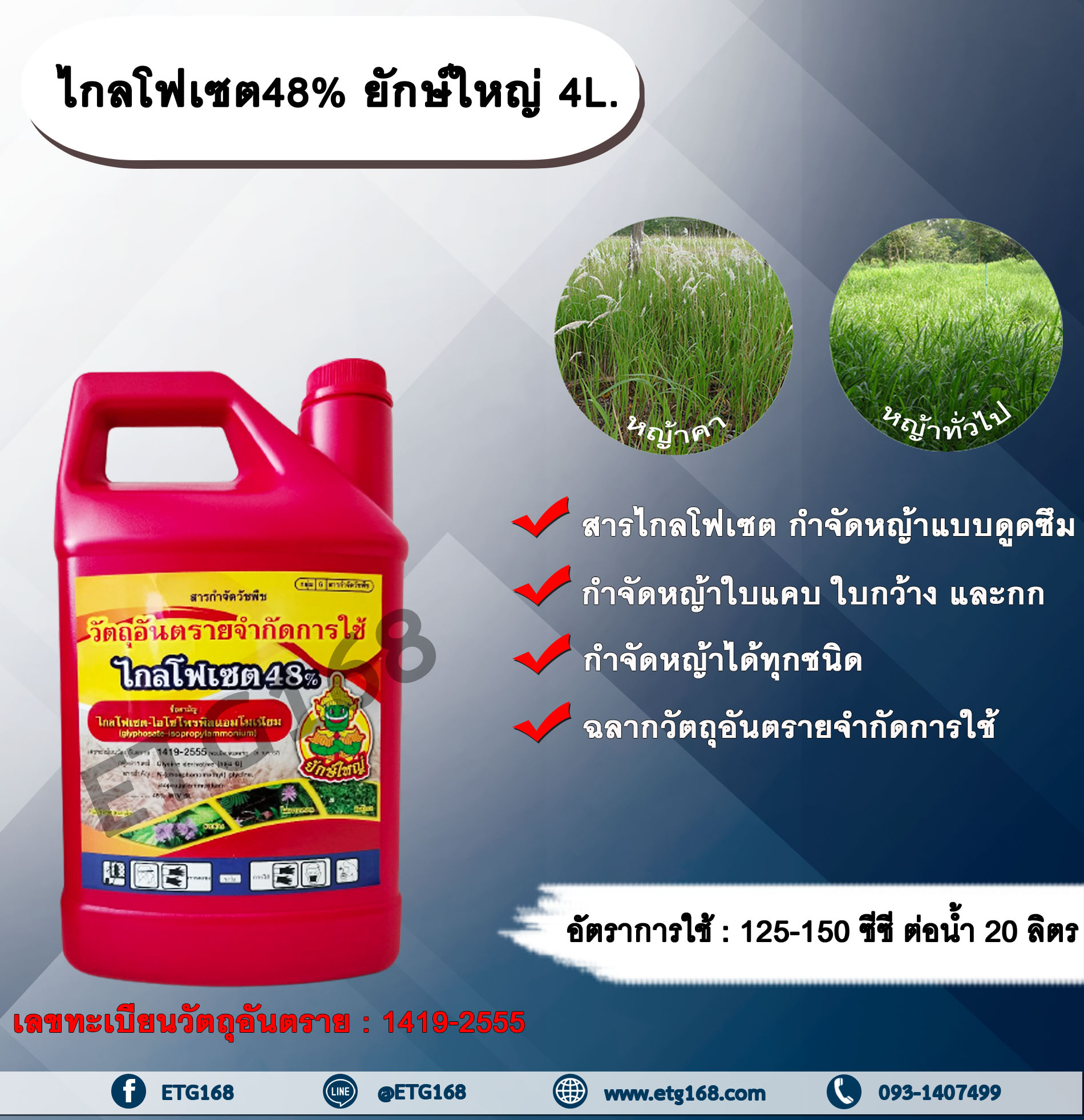 ไกลโฟเซต48% ยักษ์ใหญ่ 4L. ไกลโฟเซต สารกำจัดวัชพืช แบบดูดซึม กำจัดหญ้าทั่วไป หญ้าคา วัชพืชข้ามปี และกก ดูดซึมไม่เลือกทำลาย Glyphosate