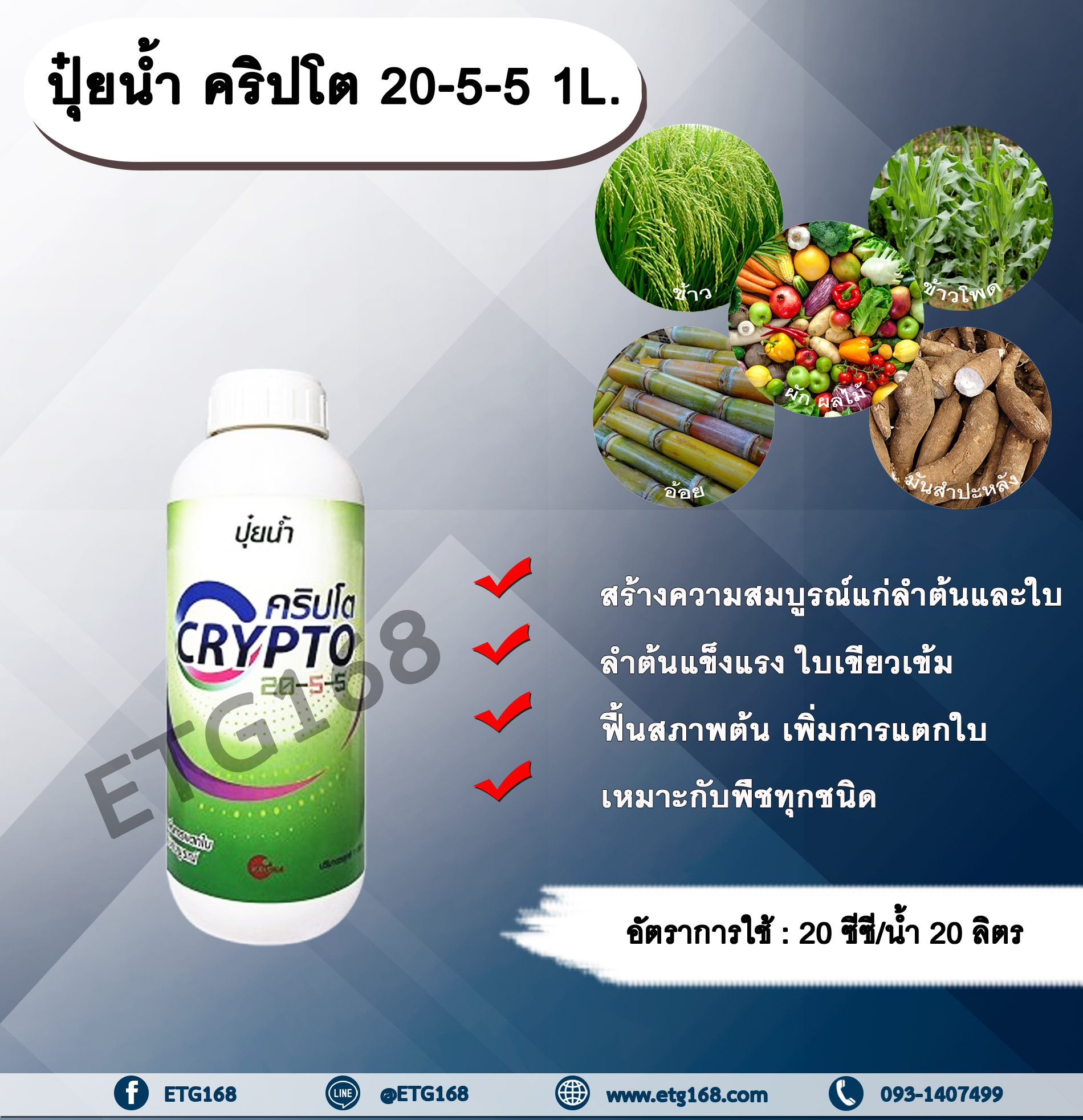 ปุ๋ยน้ำ คริปโต 20-5-5 1L. ปุ๋ยน้ำ เร่งต้น เร่งใบ พืชเจริญเติบโต ต้นสมบูรณ์ ใบเขียวเข้ม ฟื้นสภาพต้น