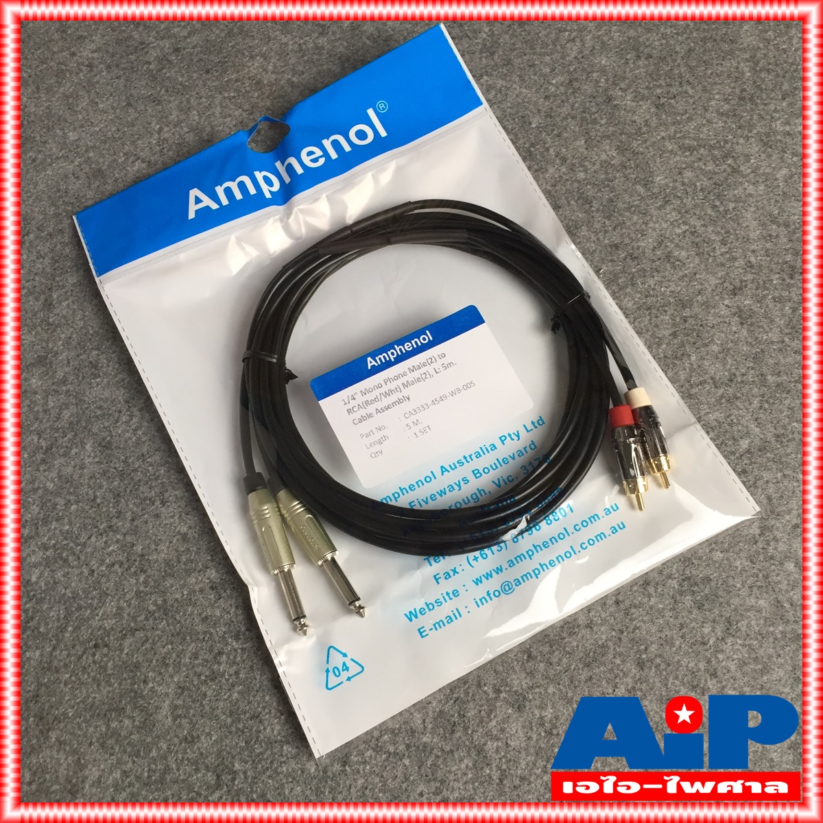 5เมตร AMPHENOL สายRCAx2 ออก PHONEx2 5M CA3333-4549-WB-005 สายสัญญาณ RCA 2หัว ออก ปลั๊กไมค์ โมโน 2หัว ยาว 5เมตร