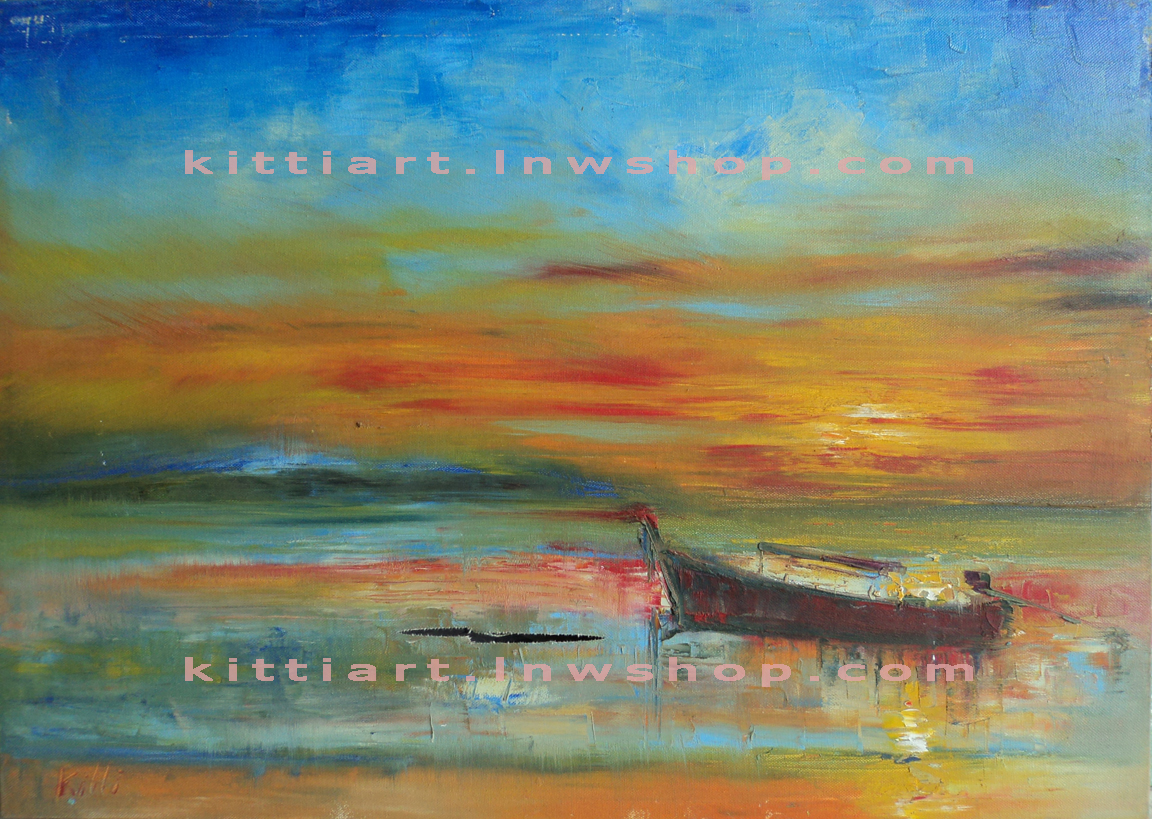 ภาพวิวเรือประมง สีน้ำมัน View of fishing boat