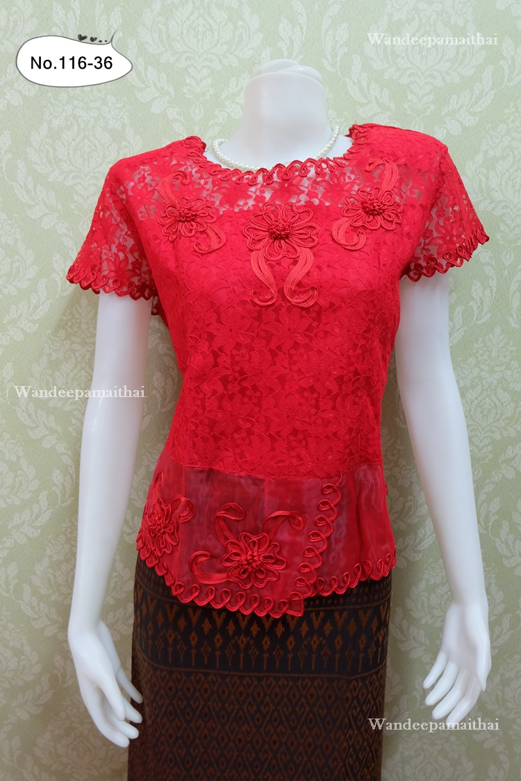 เสื้อลูกไม้ ชายแต่งผ้าแก้ว สีแดงเบอร์ XXL อกเสื้อวัดเต็ม 43 นิ้ว