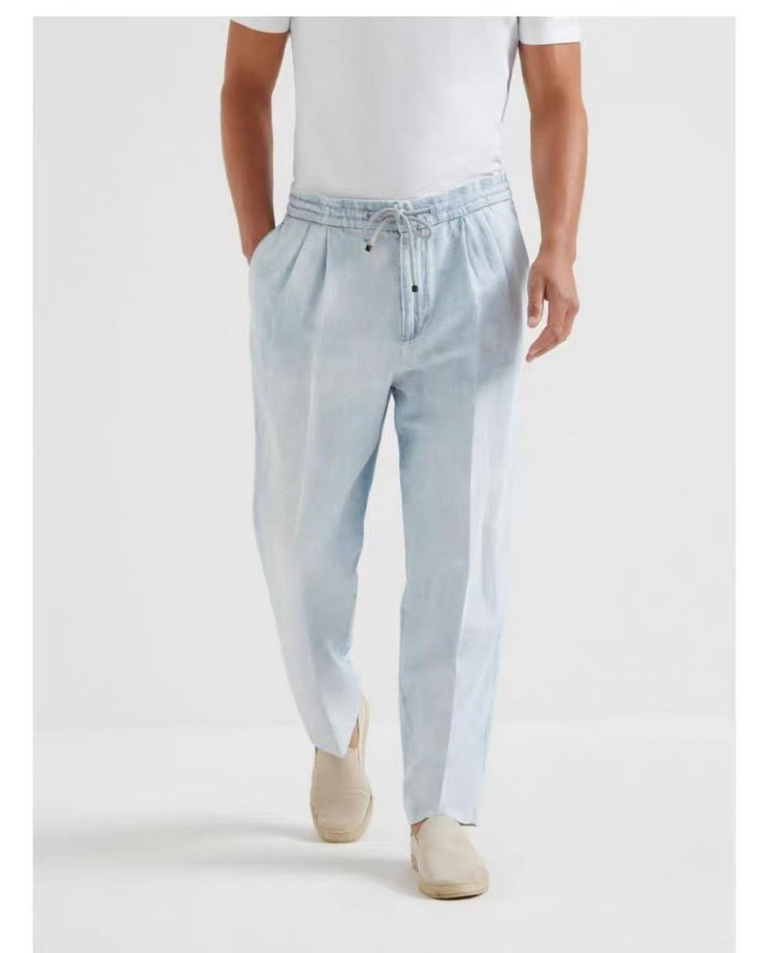 **DO** กางเกงยีนส์ผสมลินิน Brunello Cucinelli เอวยางยืดมีเชือกปรับ ของผู้ชาย สินค้าใหม่ ของแท้