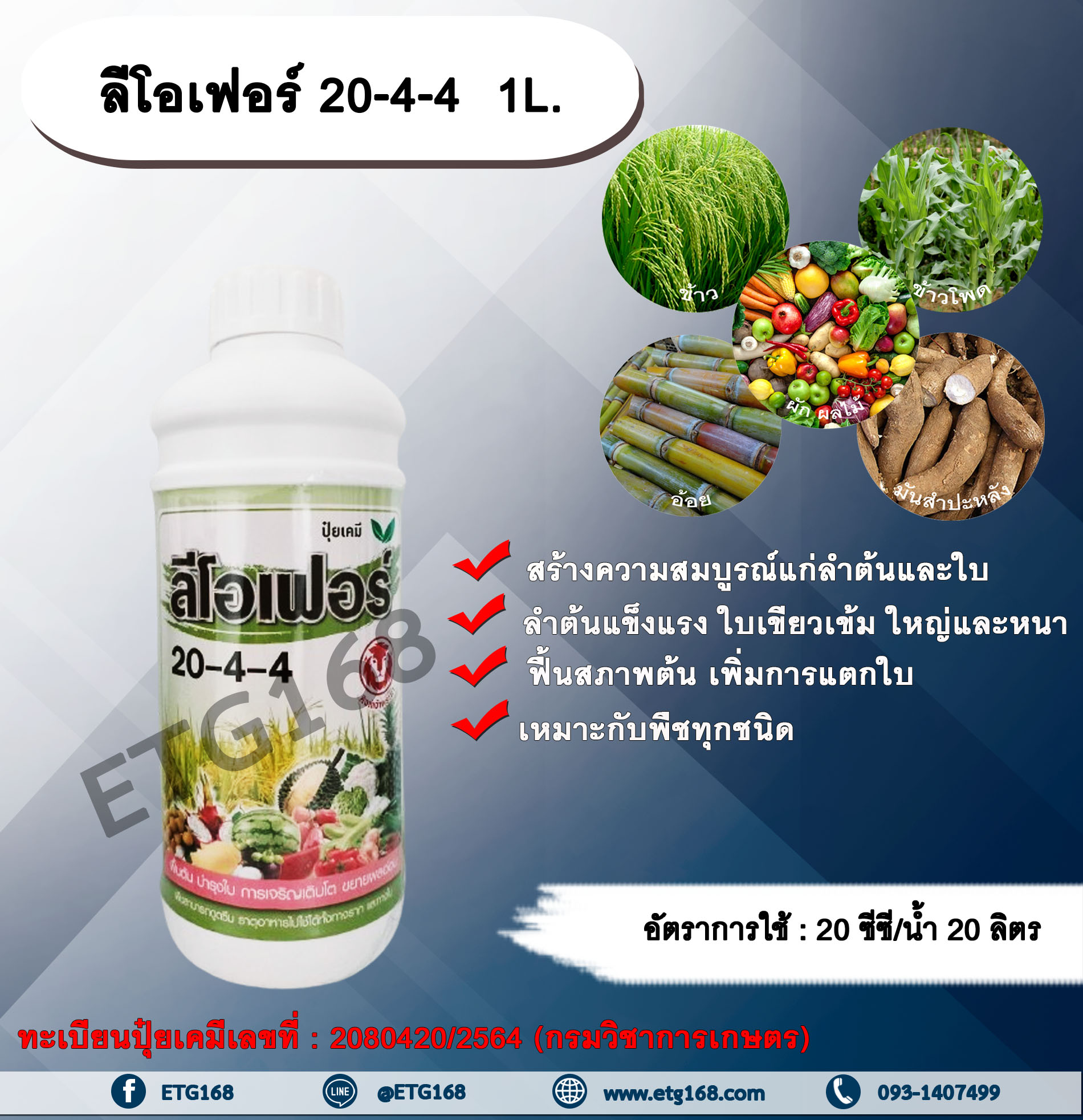 ลีโอเฟอร์ 20-4-4 1L.ปุ๋ยน้ำ เร่งต้น เร่งใบ พืชเจริญเติบโต ต้นสมบูรณ์ ใบเขียวเข้ม ฟื้นสภาพต้น แตกใบ ใบเขียว ต้นโต เหมาะกับพืชทุกชนิด