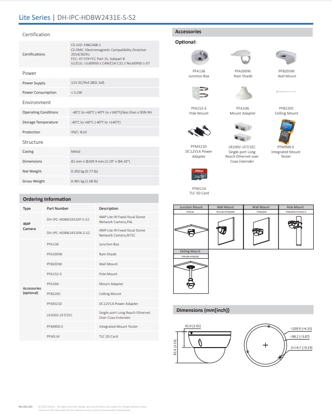 กล้องวงจรปิด Dahua 4MP Fixed-focal Dome Network Camera รุ่น DH-IPC-HDBW2431E-S-S2 (2.8mm)