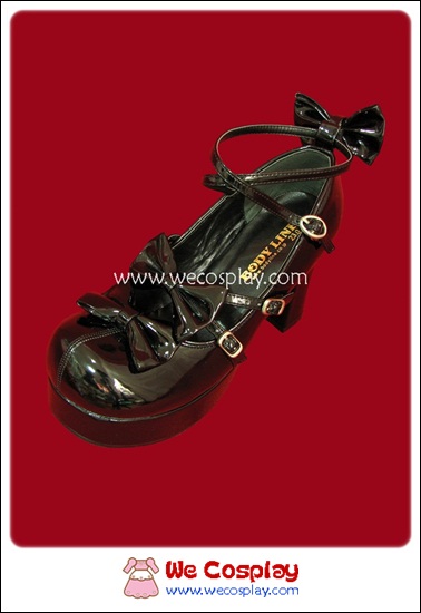 รองเท้าโกธิคโลลิต้าพังค์ คิวท์ปาร์ตี้ริบบ้อนฮีล สีดำ ผิวมัน