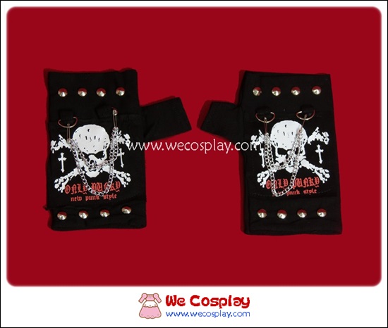 ถุงมือพังค์ Punk Gloves สกรีนลายหัวกะโหลก สีขาวแดง ประดับด้วยเข็มกลัดและสายโซ่