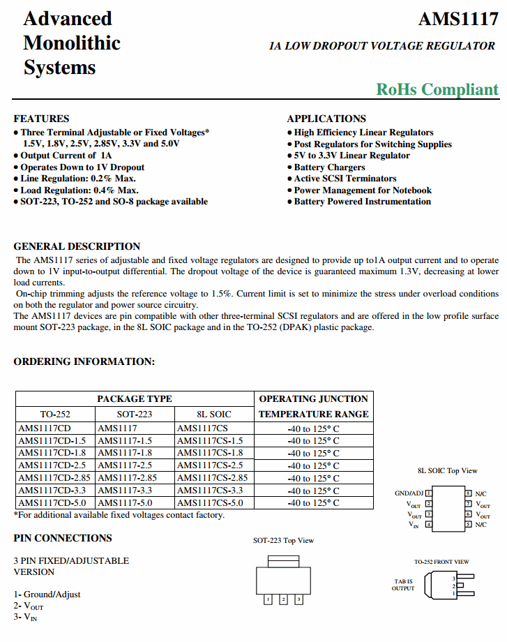 AMS1117 1.5V (SOT-223) 1A Low-Dropout Linear Regulator