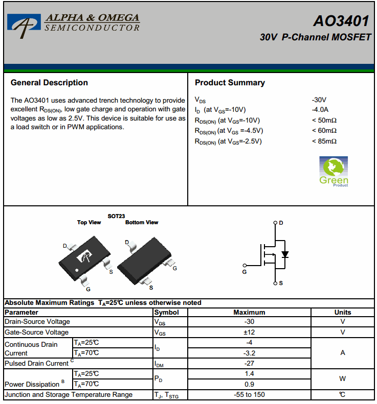 AO3401 (SOT23) 30V P-Channel MOSFET ( A19T )