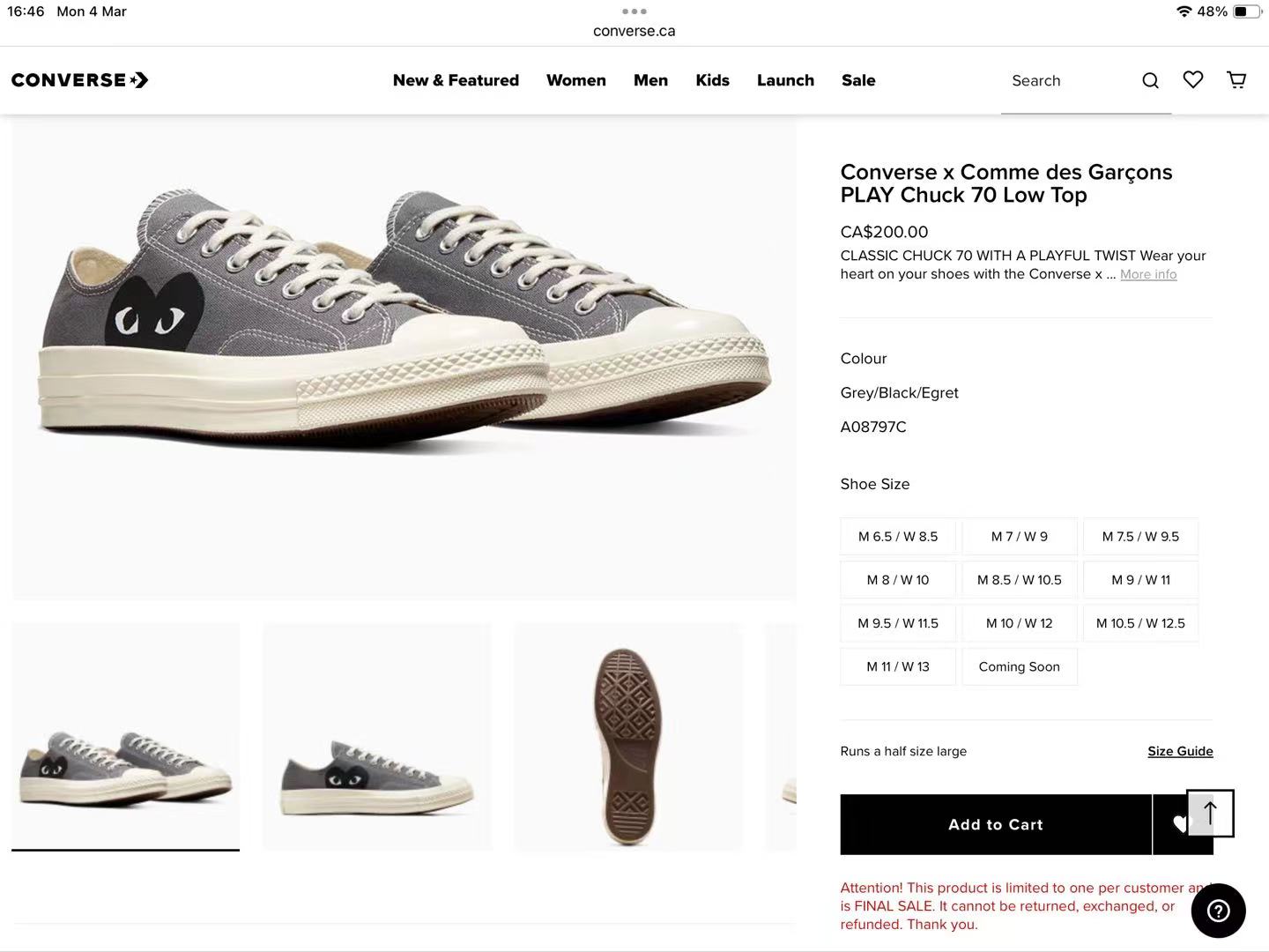 **do** รองเท้า Converse x Comme Des Garçon Chuck 70 OX "CDG Play" sneakers มีไซส์ 35-44 สินค้าใหม่ ของแท้