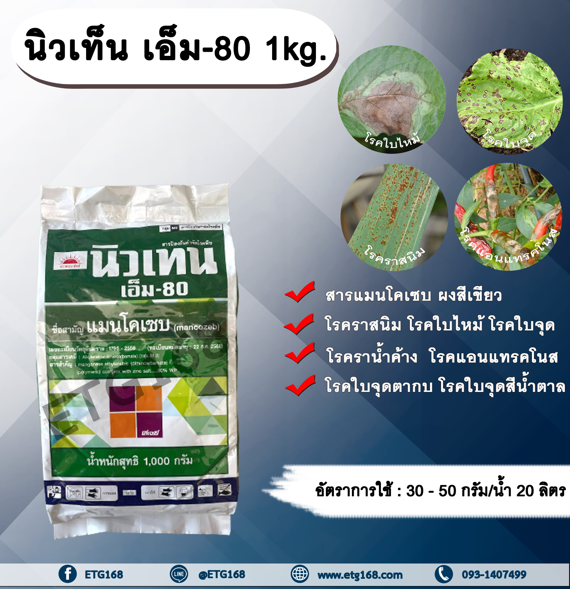 นิวเท็น เอ็ม-80 1kg. แมนโคเซบ ผงสีเขียว สารป้องกันกำจัดโรคพืช สารป้องกันเชื้อรา สารกำจัดโรคพืช โรคราสนิม โรคใบจุด โรคใบไหม้ โรคราน้ำค้าง โรคแอนแทรคโนส โรคราน้ำค้าง โรคใบจุดตากบ โรคใบจุดสีน้ำตาล