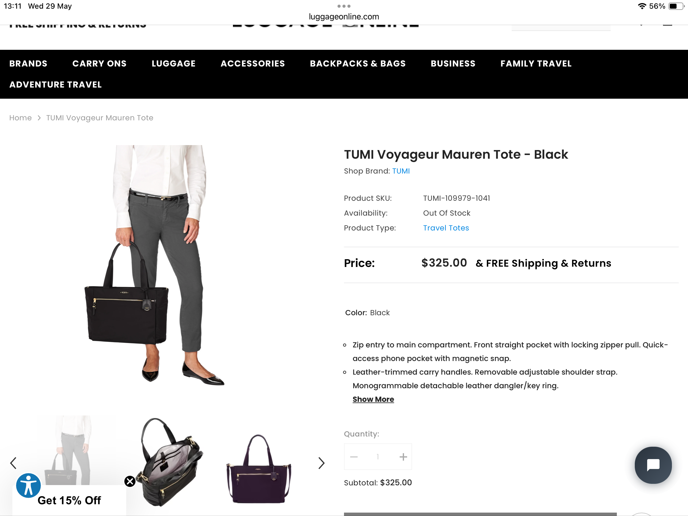 **do** กระเป๋าผ้าไนล่อน TUMI Voyageur Mauren Tote ใส่คอมพิวเตอร์ได้ ด้านหลังเสียบกระเป๋าเดินทางได้ สินค้าใหม่ ของแท้