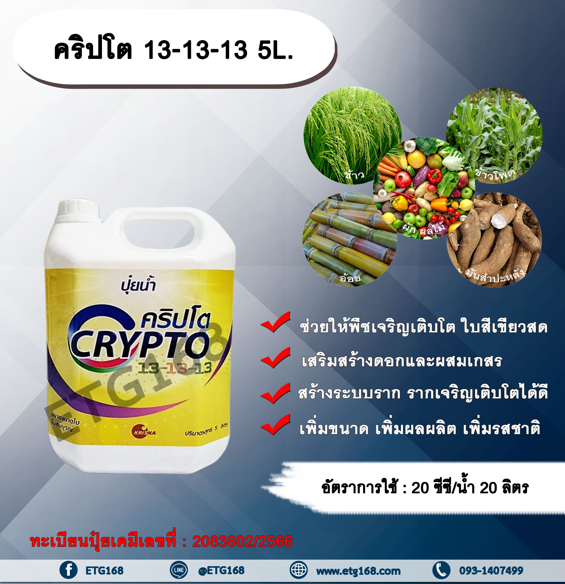 คริปโต 13-3-13 5L. ช่วยให้พืชเจริญเติบโต ใบสีเขียวสด เสริมสร้างดอก ผสมเกสร สร้างระบบราก รากเจริญเติบโต เพิ่มขนาด เพิ่มผล