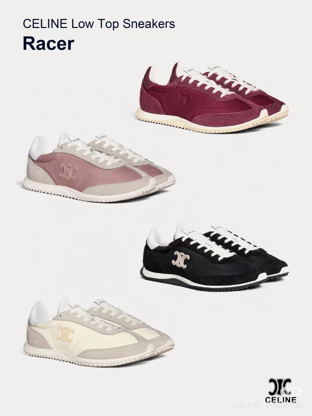**do** รองเท้าผ้าใบผู้หญิง CELINE RACER LOW TOP SNEAKER IN NYLON, SUEDE CALFSKIN AND CALFSKIN สินค้าใหม่ ของแท้ มี 4 สี