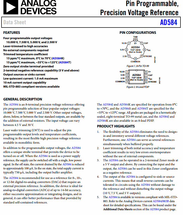 AD584JH Pin Programmable Precision Voltage Reference (2.5V/5V/7.5V/10V 10mA 8-Pin TO-99)