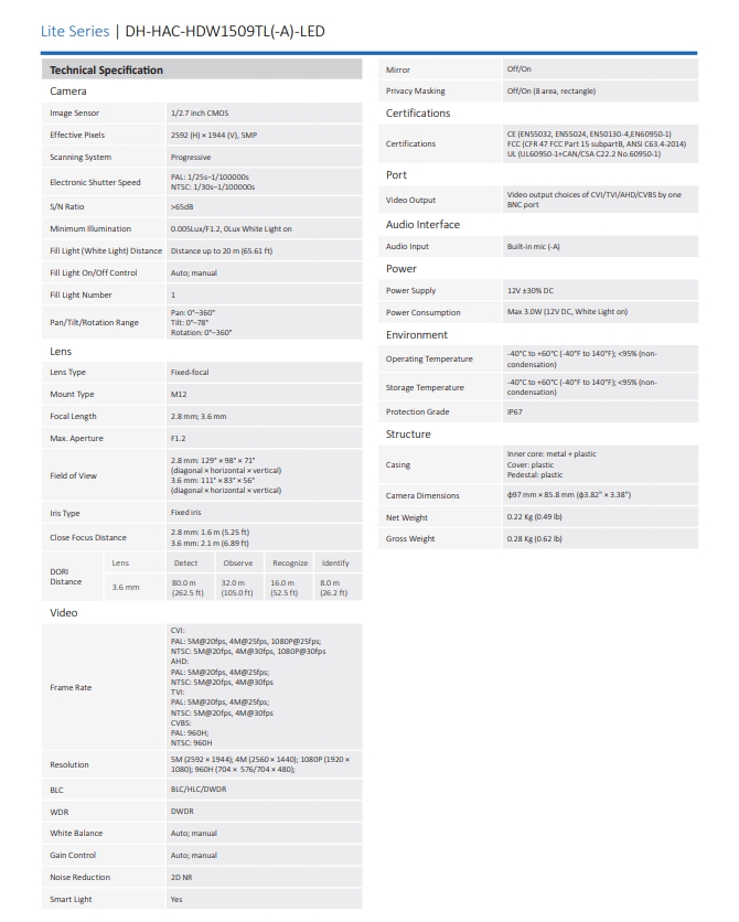 กล้องวงจรปิด Dahua 5MP Full-color Starlight HDCVI Eyeball Camera รุ่น DH-HAC-HDW1509TL(-A)-LED (3.6mm)