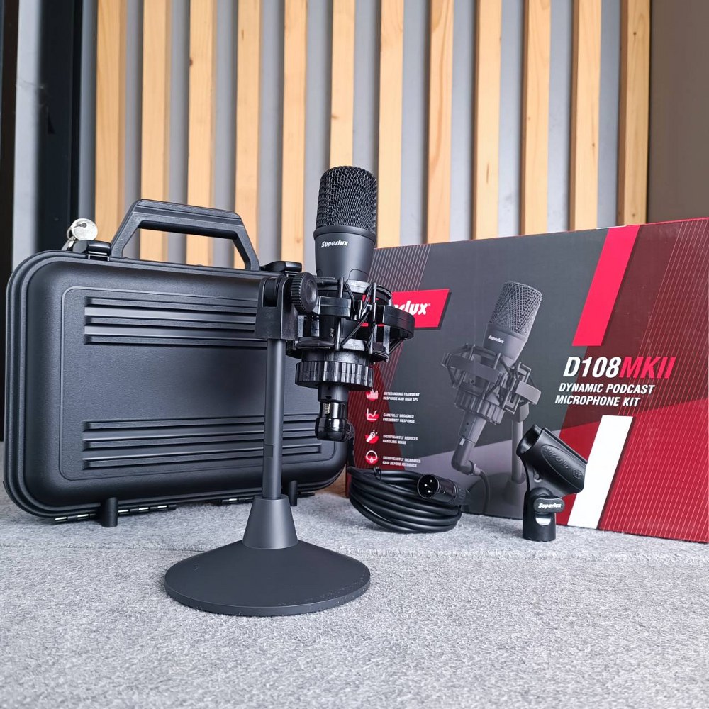 SUPERLUX D-108MKII Dynamic Podcast Mic พร้อมขาตั้ง ไมโครโฟนไดนามิกสำหรับพอดแคสต์ ไมค์พร้อมสาย ไมโครโฟน D 108MKII D108MKII เอไอ-ไพศาล
